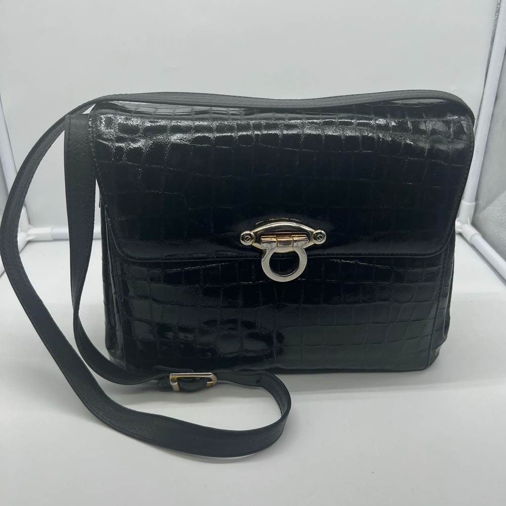 DUE FRATELLI VINTAGE Black Croc Embossed Patent Leather Medium Square Crossbody
